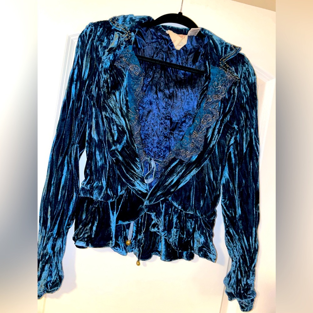 Anthropologie Lulumari Stunning Blue Velvet Lace Up Long Sleeve Blazer Top